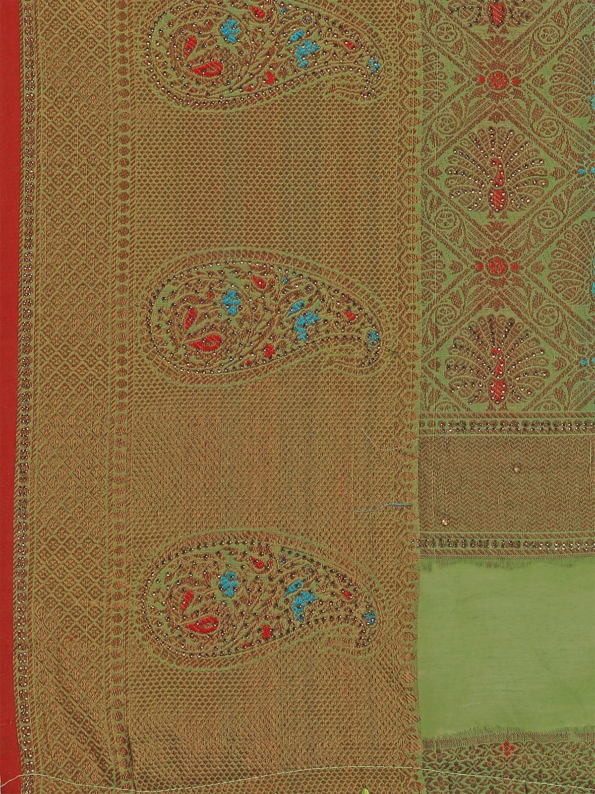 Odette Women Pista Colour Banarasi Silk Madhubani Work Saree With Unstitched Blouse - Image 4