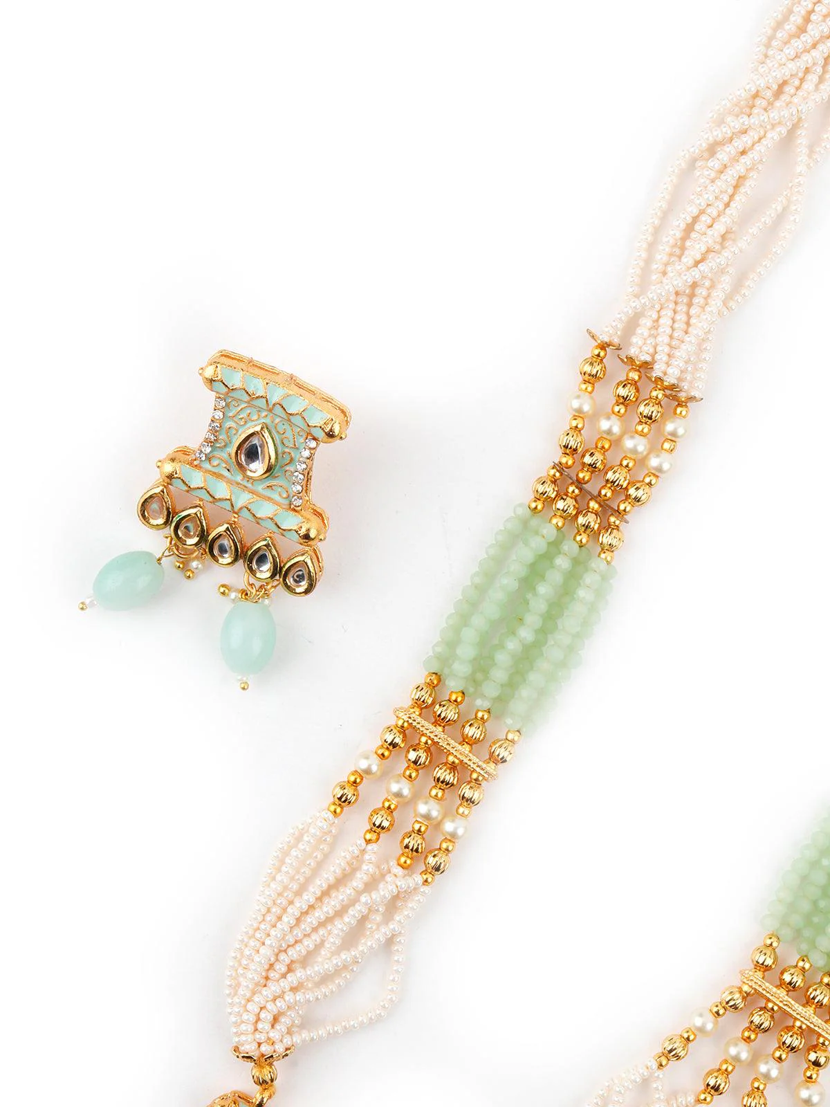 Odette Women Pistachio Green Enamelled Long Multistring Onyx-Pearl Necklace Set - Image 6