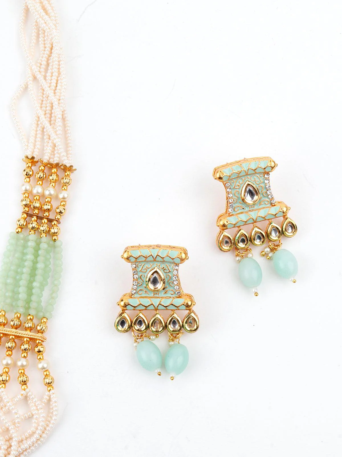 Odette Women Pistachio Green Enamelled Long Multistring Onyx-Pearl Necklace Set - Image 7
