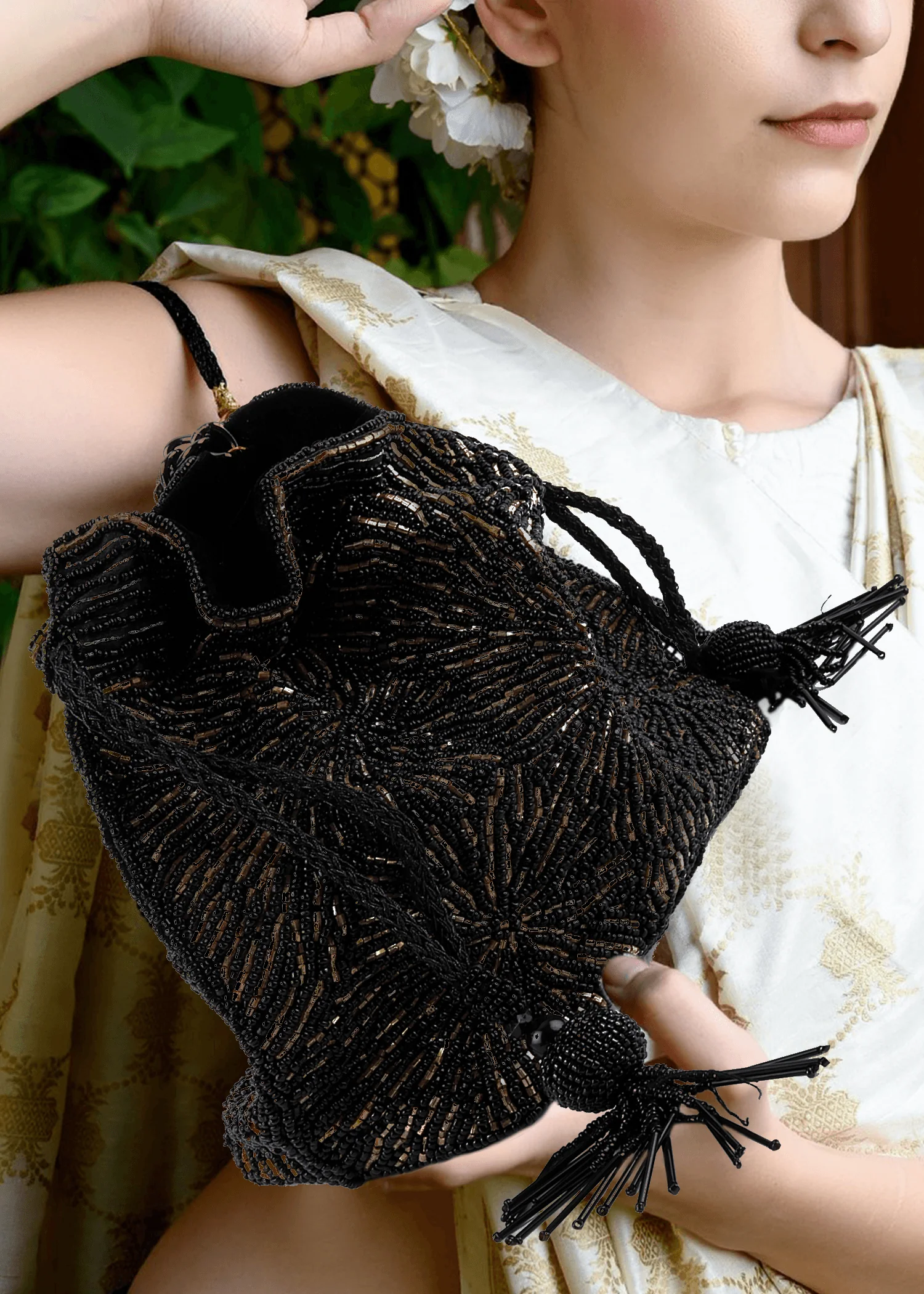 Odette Women Pleasing Black Tassel Potli Handbag - Image 2