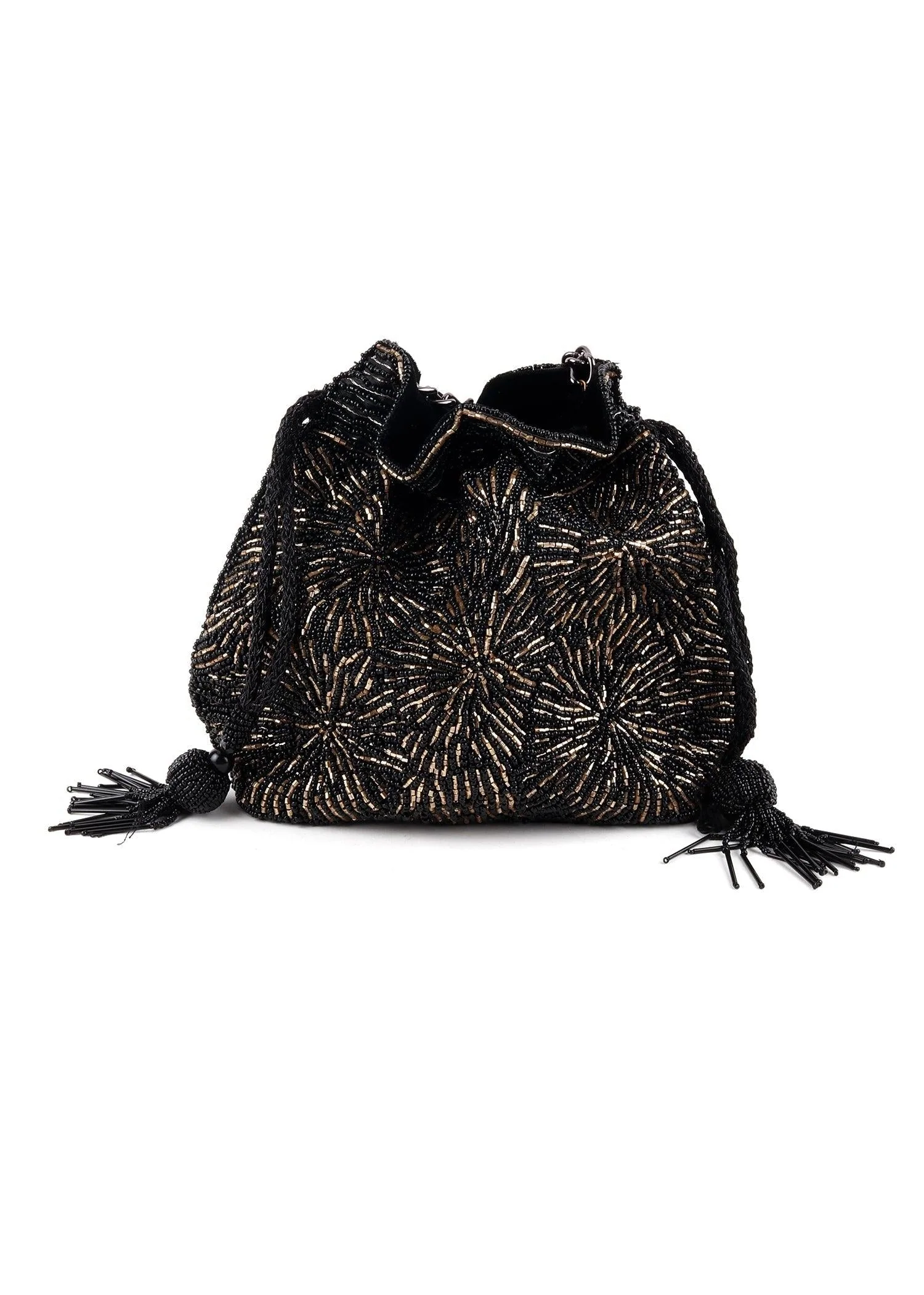 Odette Women Pleasing Black Tassel Potli Handbag - Image 3