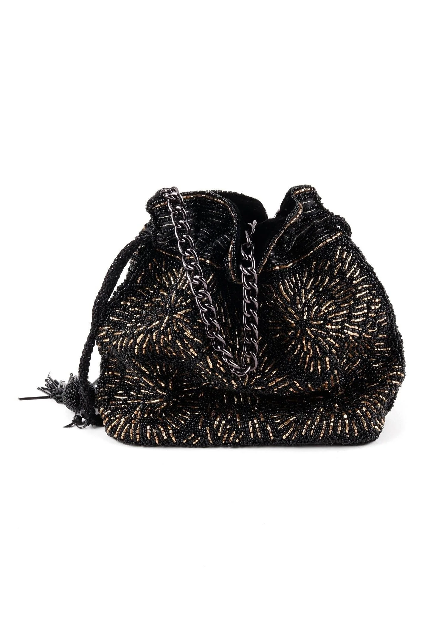 Odette Women Pleasing Black Tassel Potli Handbag - Image 5