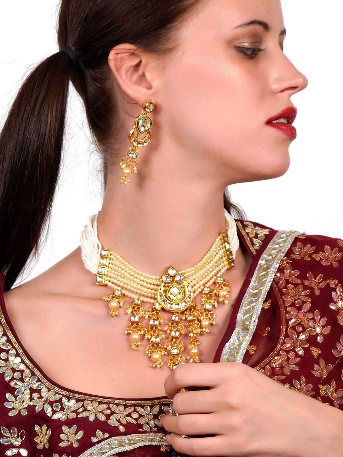 Odette Women Ponderous Pearl Kundan Choker With Earrings! - Image 6