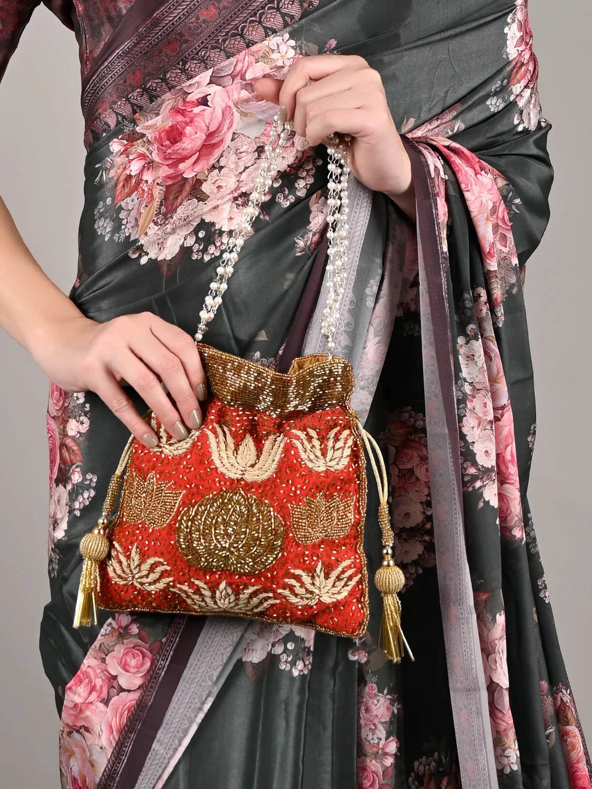 Odette Women Red Beautiful Tassel Potli Handbag
