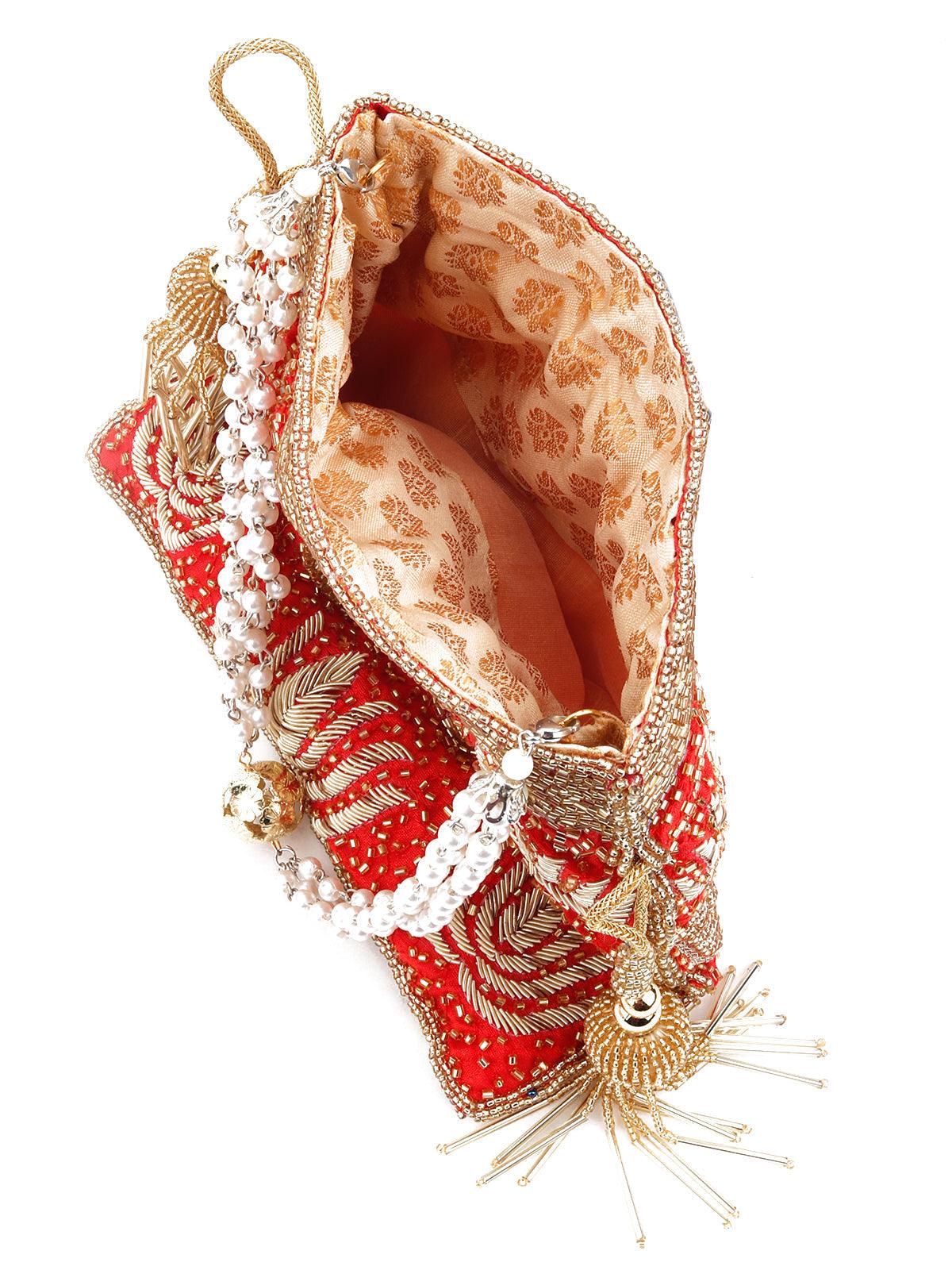 Odette Women Red Beautiful Tassel Potli Handbag - Image 6