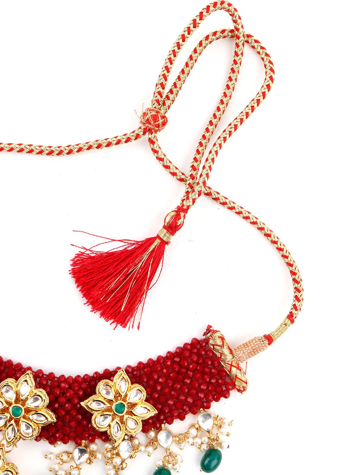 Odette Women Red-Green Decorative Mani-Kundan-Pearl-Onyx Long Choker Set - Image 3
