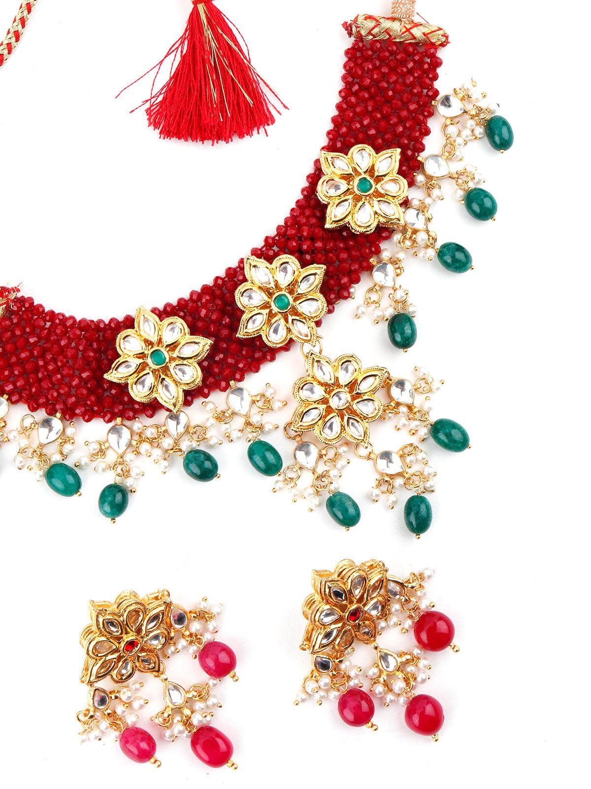 Odette Women Red-Green Decorative Mani-Kundan-Pearl-Onyx Long Choker Set - Image 6