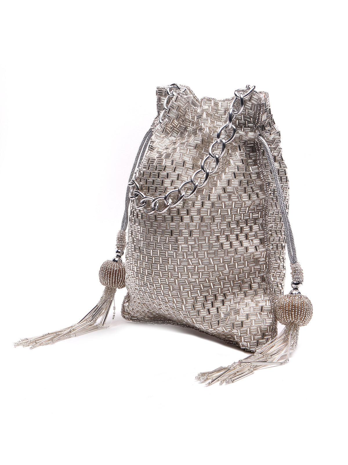 Odette Women Silver Beaded Potli Handbag - Image 3