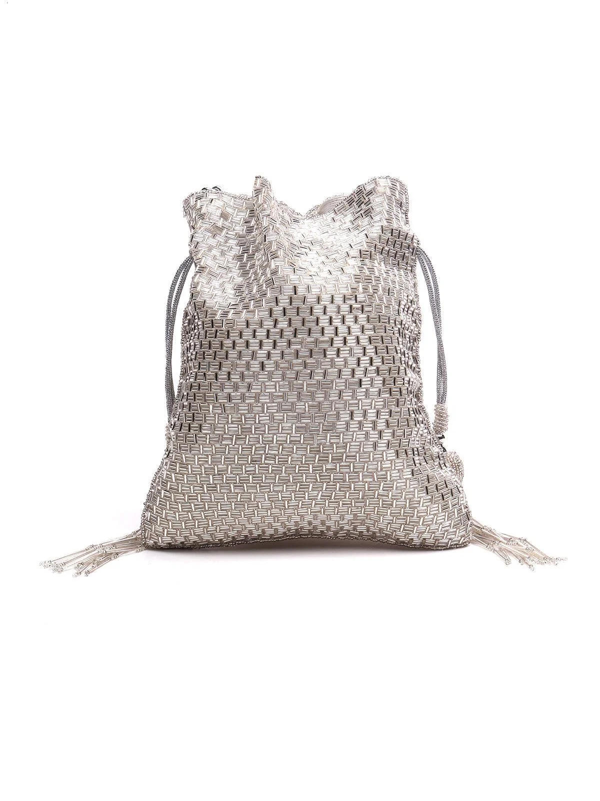 Odette Women Silver Beaded Potli Handbag - Image 6