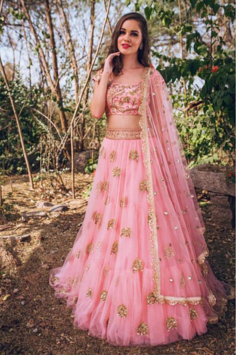 Odette Women Soft Net Pink Semi Stitched Lehenga With Unstitched Blouse