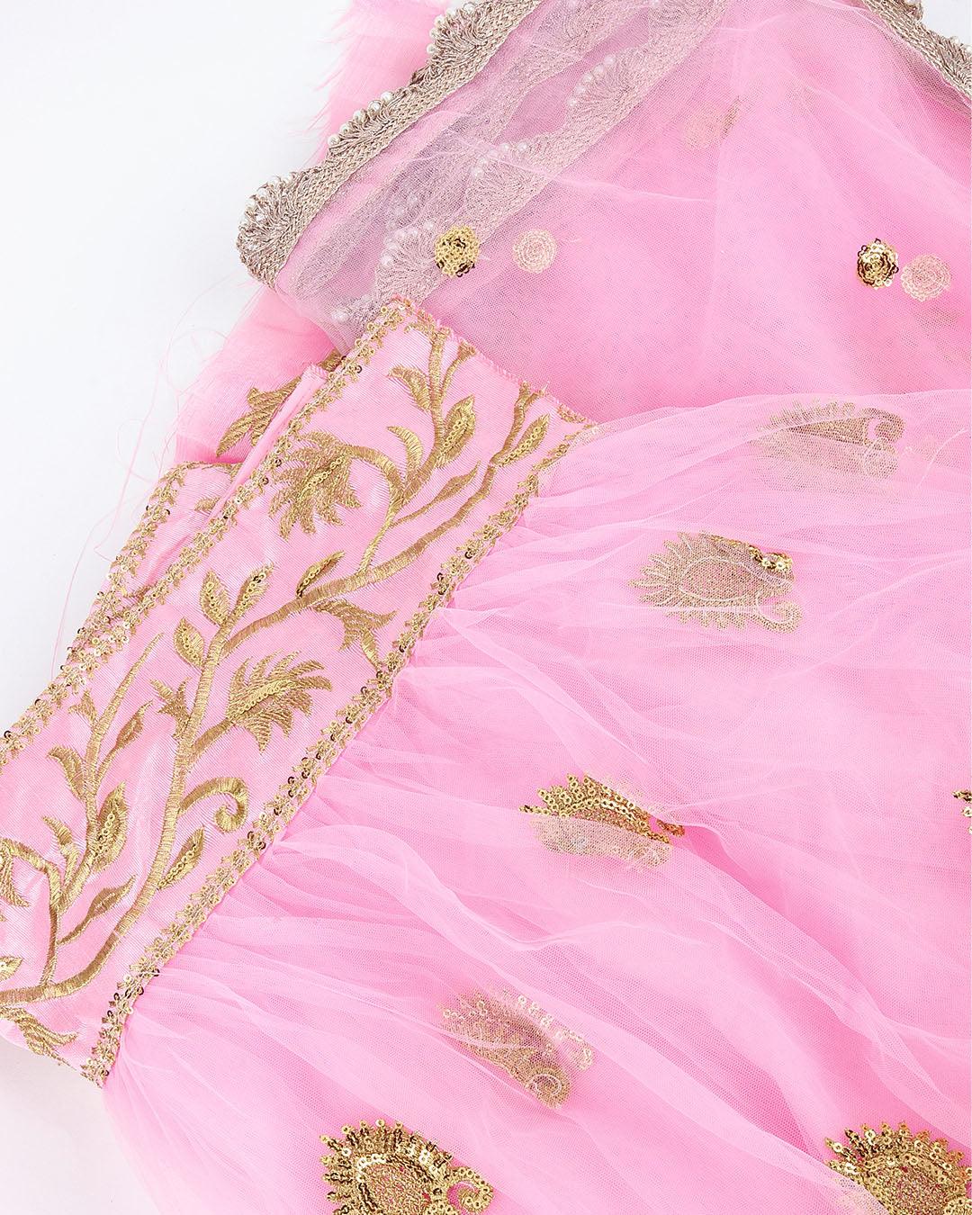 Odette Women Soft Net Pink Semi Stitched Lehenga With Unstitched Blouse - Image 3