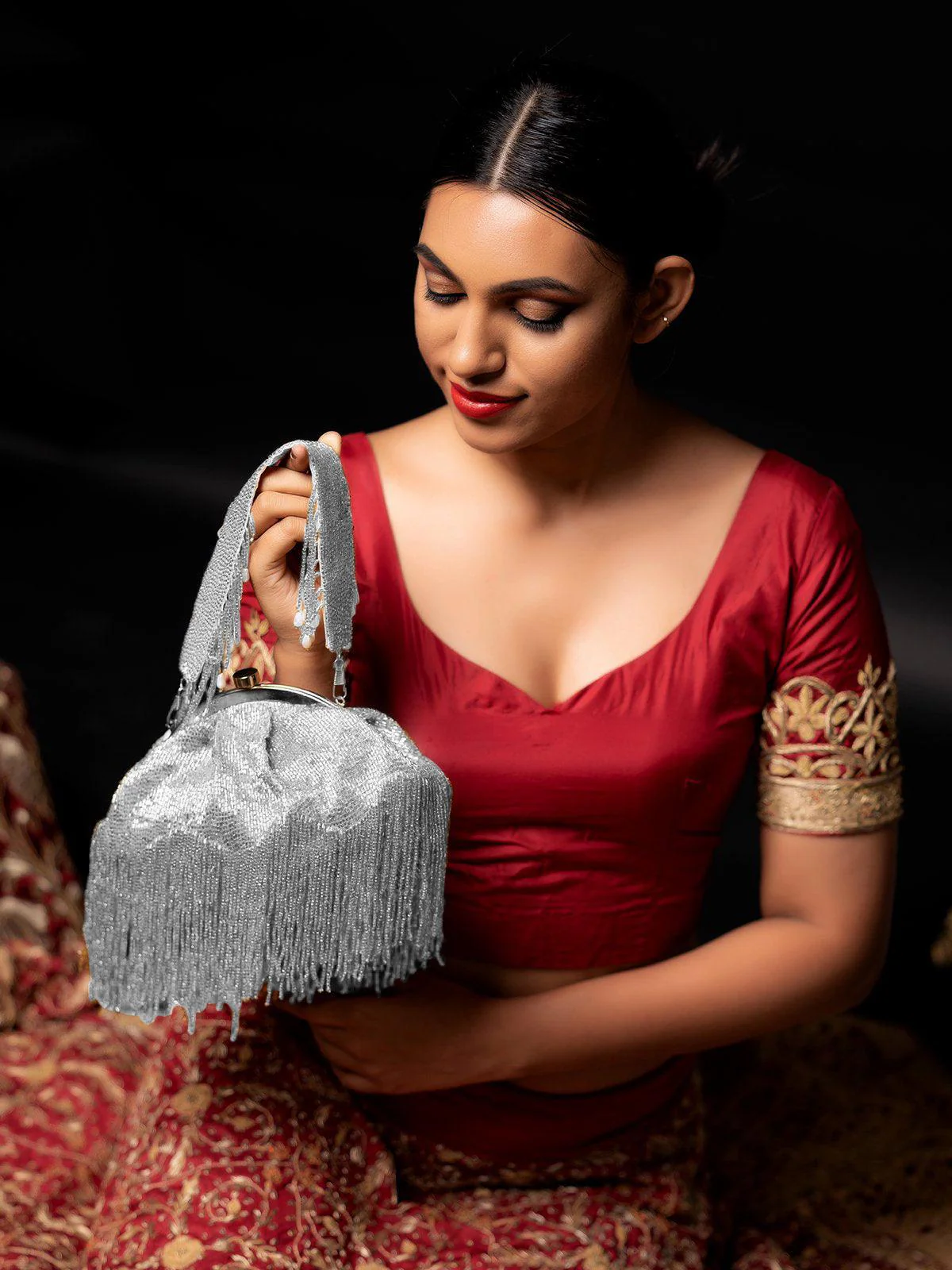 Odette Women Stunning Silver Tassel Batuwa - Image 2
