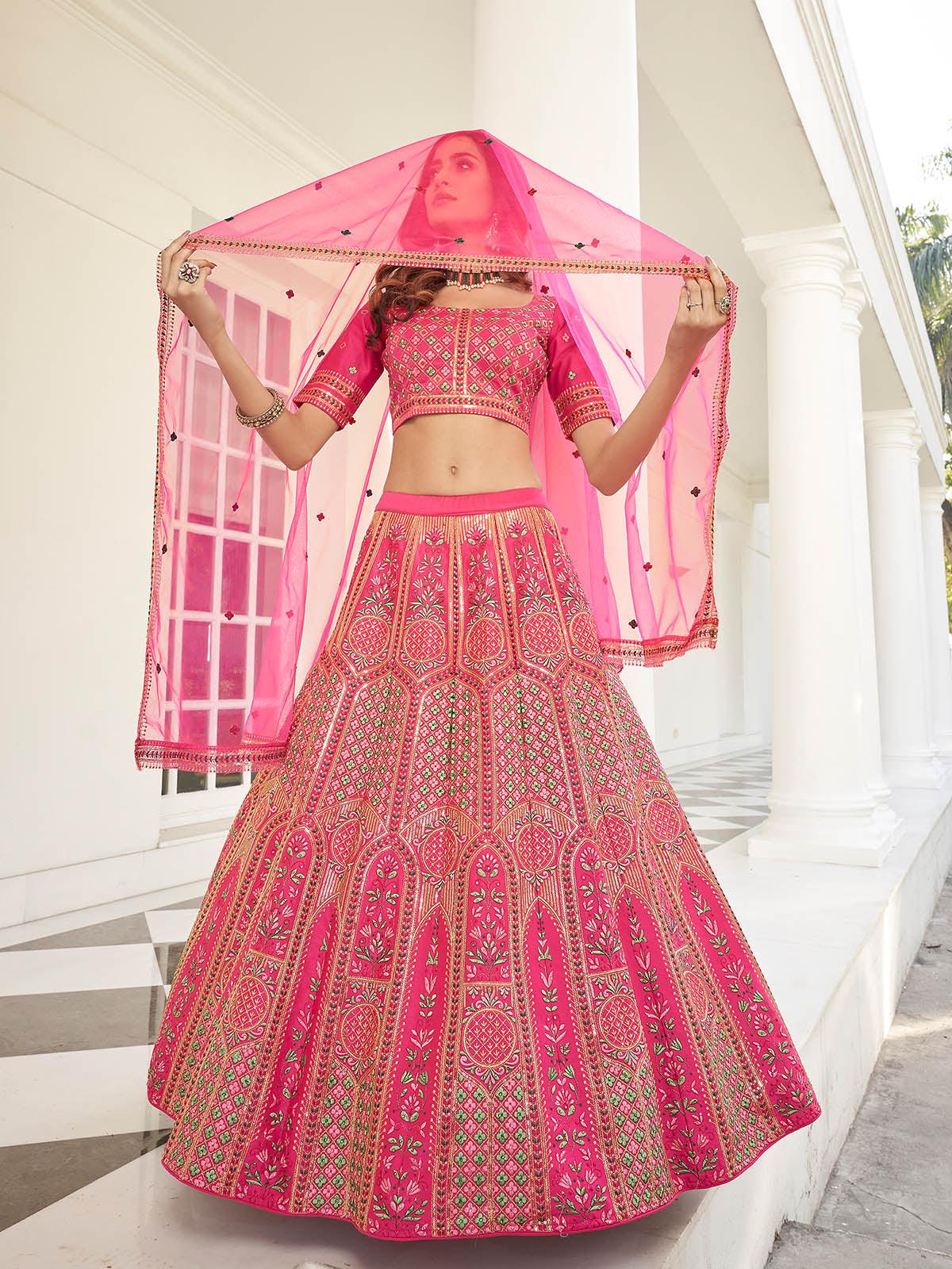 Odette Women Stylish Deep Pink Silk Semi Stitched Lehenga With  Unstitched Blouse - Image 2