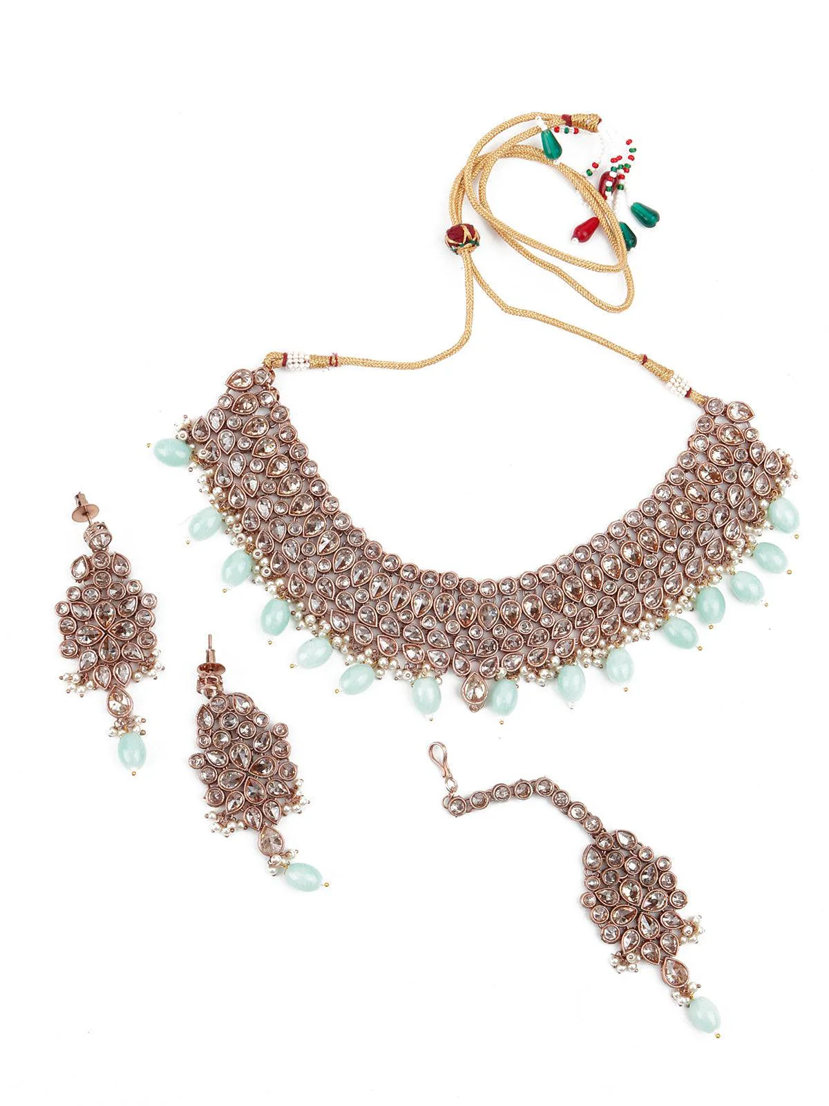Odette Women Supple Clear Stone-Green Mani Copper Tone Necklace Set - Image 3