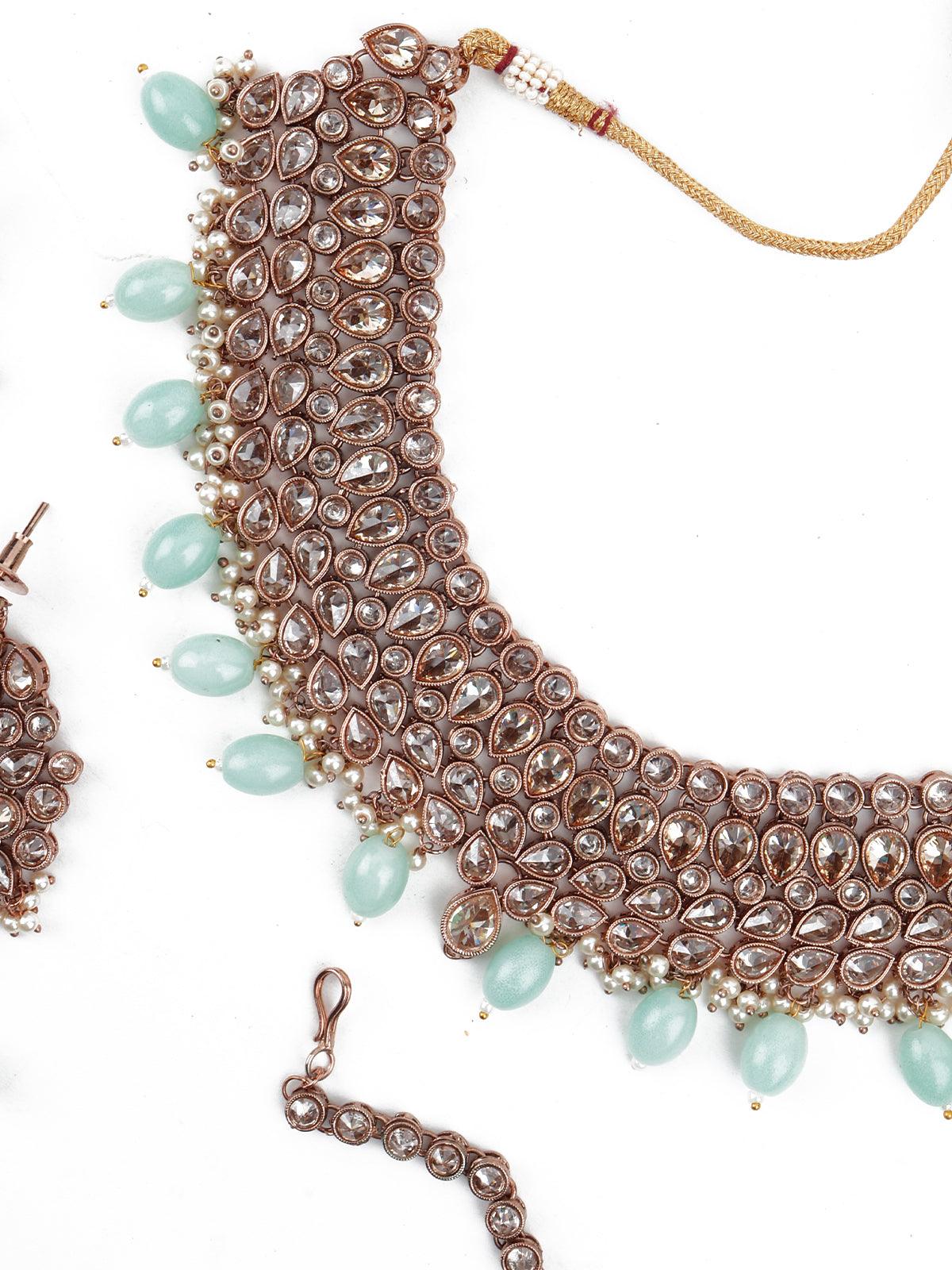 Odette Women Supple Clear Stone-Green Mani Copper Tone Necklace Set - Image 5