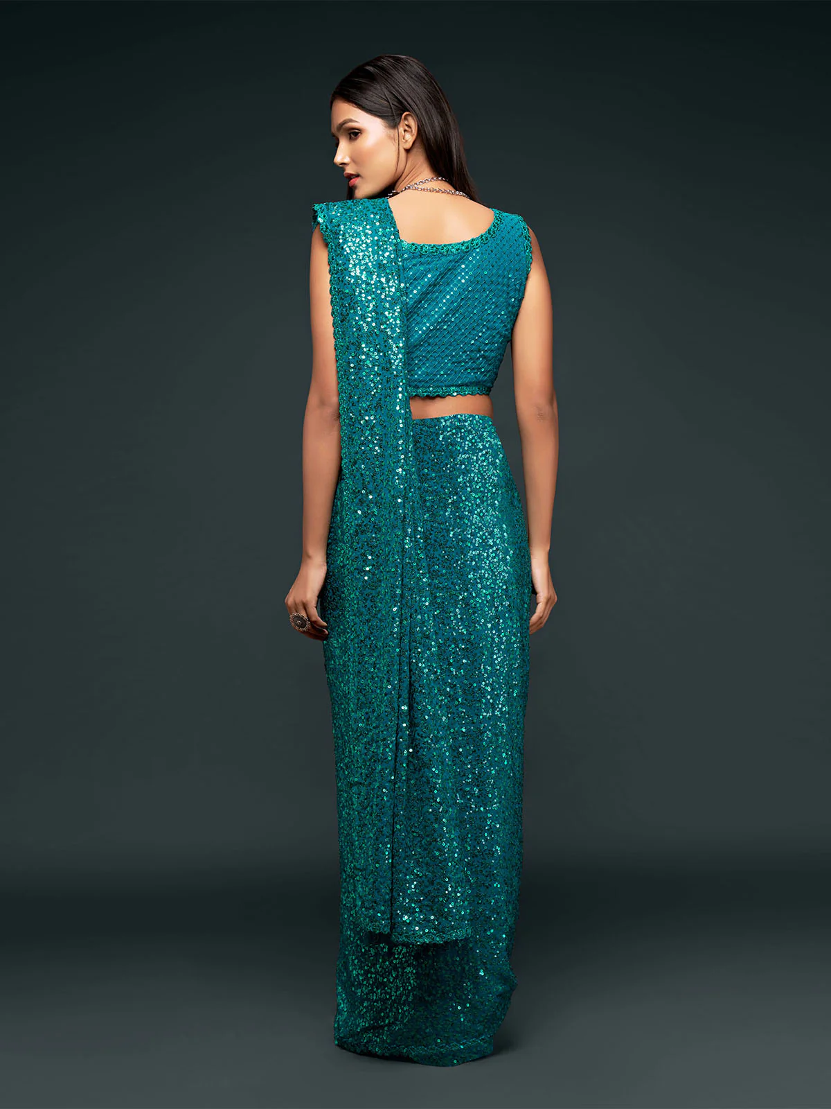 Odette Women Teal Georgette Designer Sequins Saree With Unstitched Blouse - Image 3