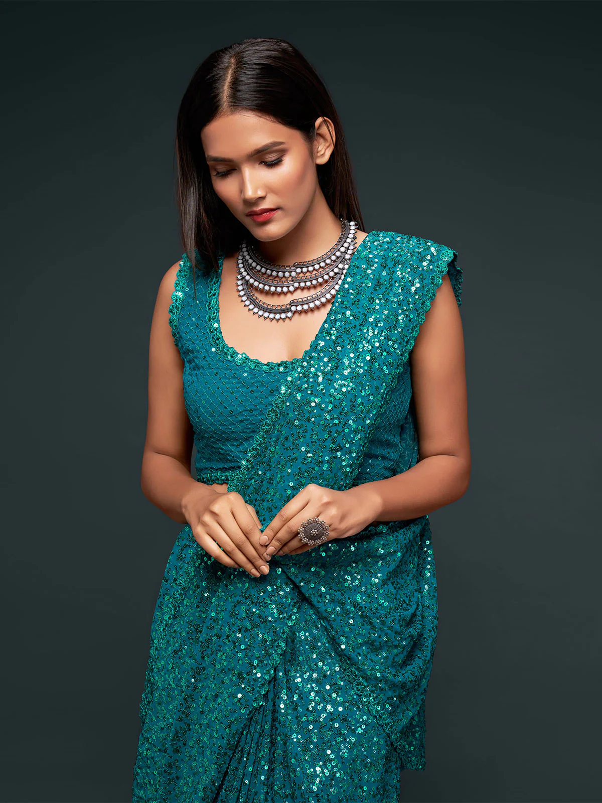 Odette Women Teal Georgette Designer Sequins Saree With Unstitched Blouse - Image 4