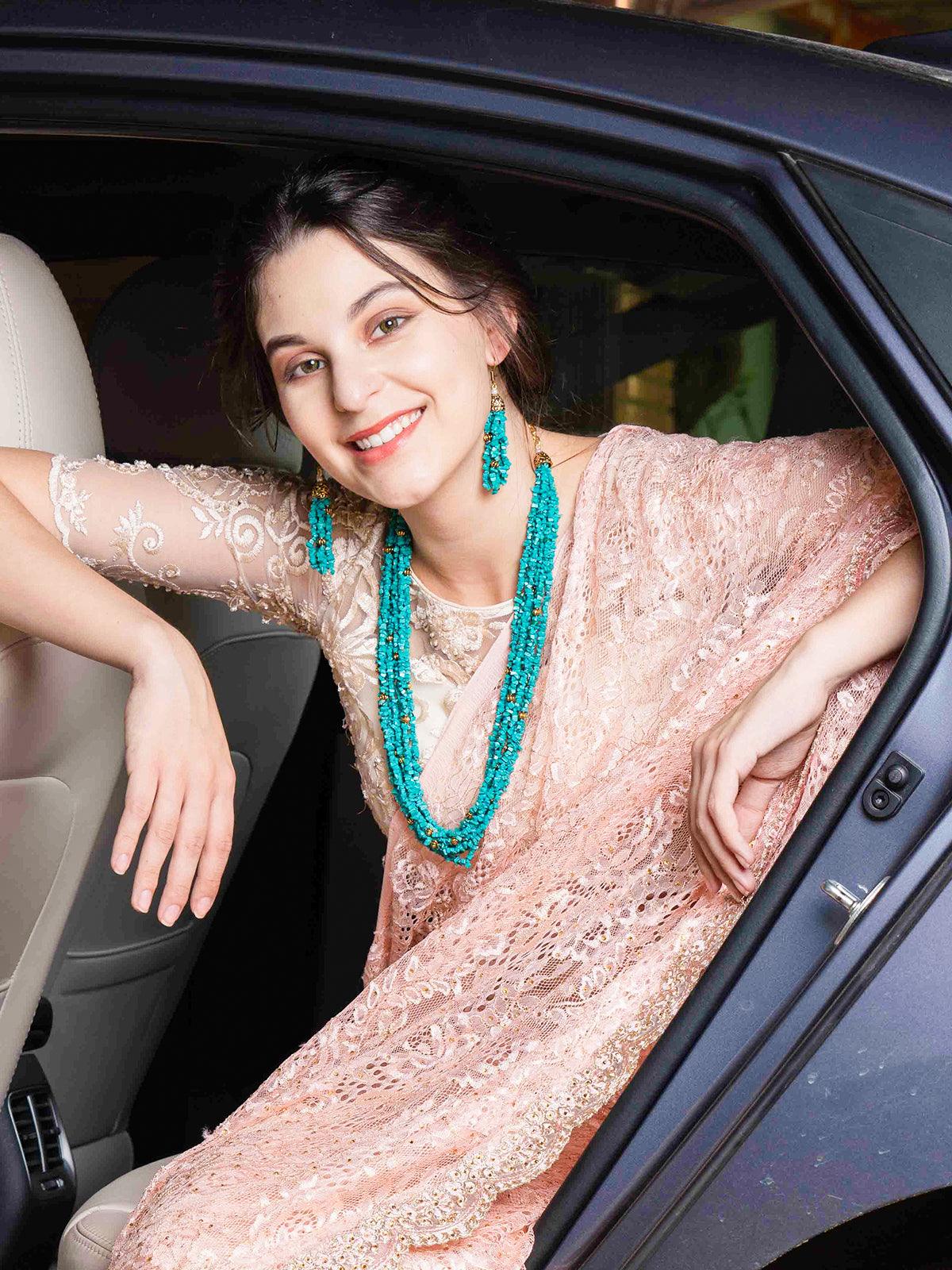 Odette Women Tibeti Uncut Beautiful Peacock Green Multi-Strand Necklace Set