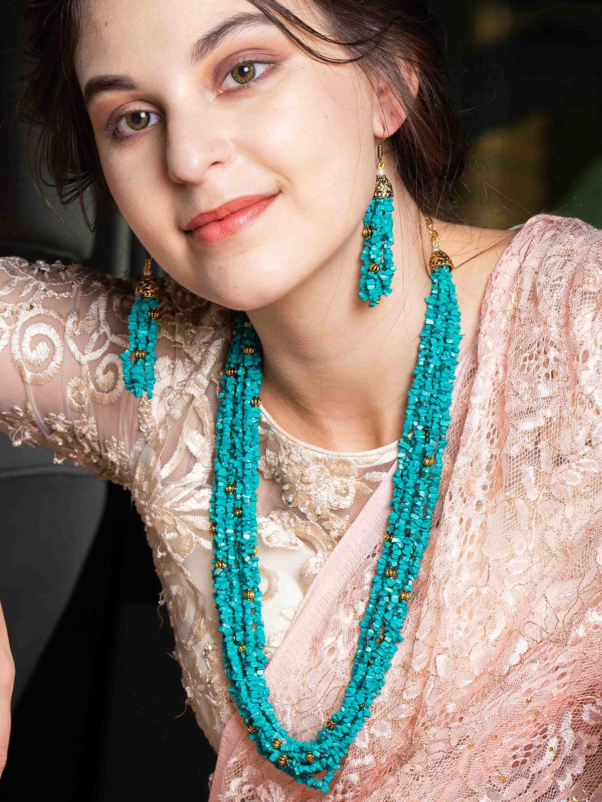 Odette Women Tibeti Uncut Beautiful Peacock Green Multi-Strand Necklace Set - Image 2