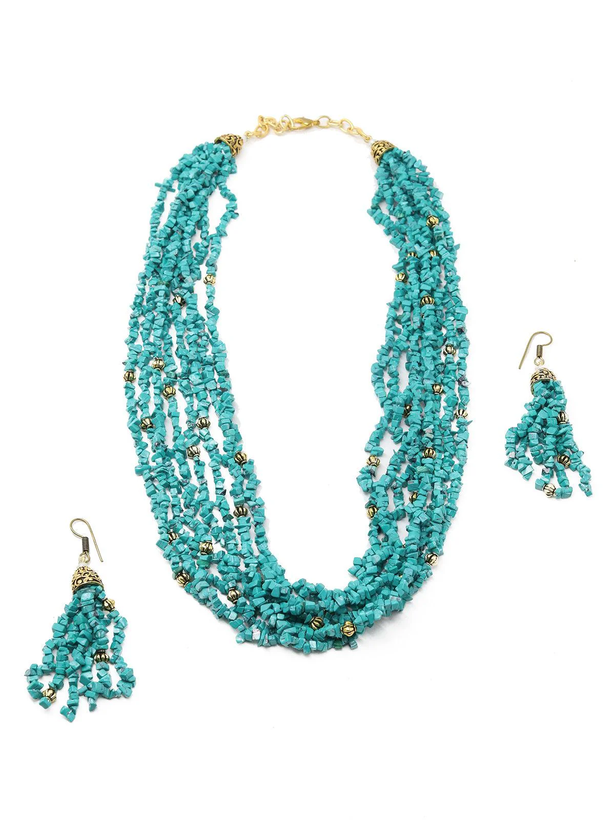 Odette Women Tibeti Uncut Beautiful Peacock Green Multi-Strand Necklace Set - Image 3