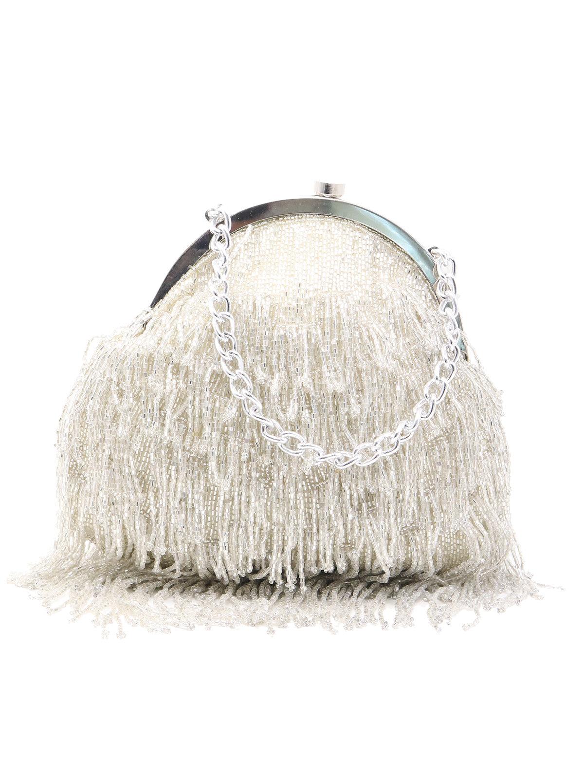 Odette Women Vintage Silver Beaded Tassel Batua - Image 3