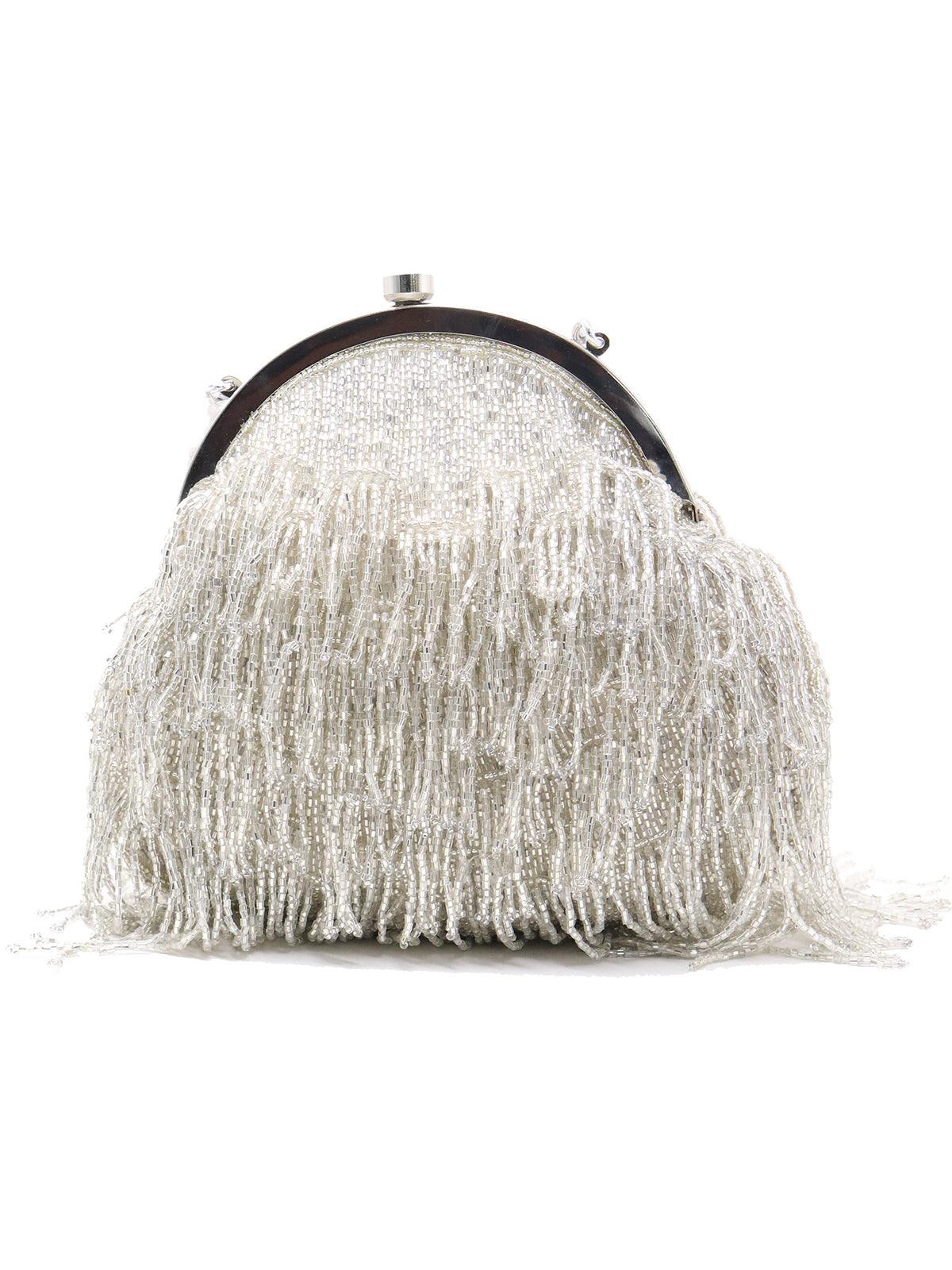 Odette Women Vintage Silver Beaded Tassel Batua - Image 4