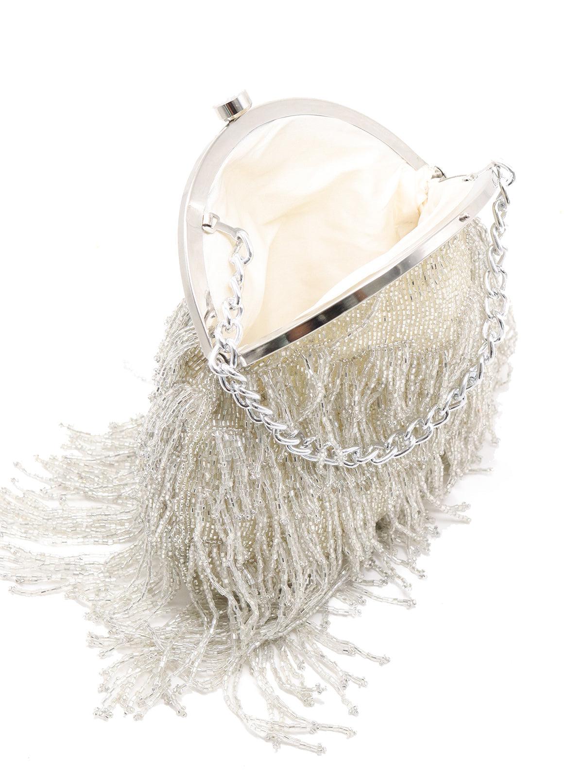 Odette Women Vintage Silver Beaded Tassel Batua - Image 5