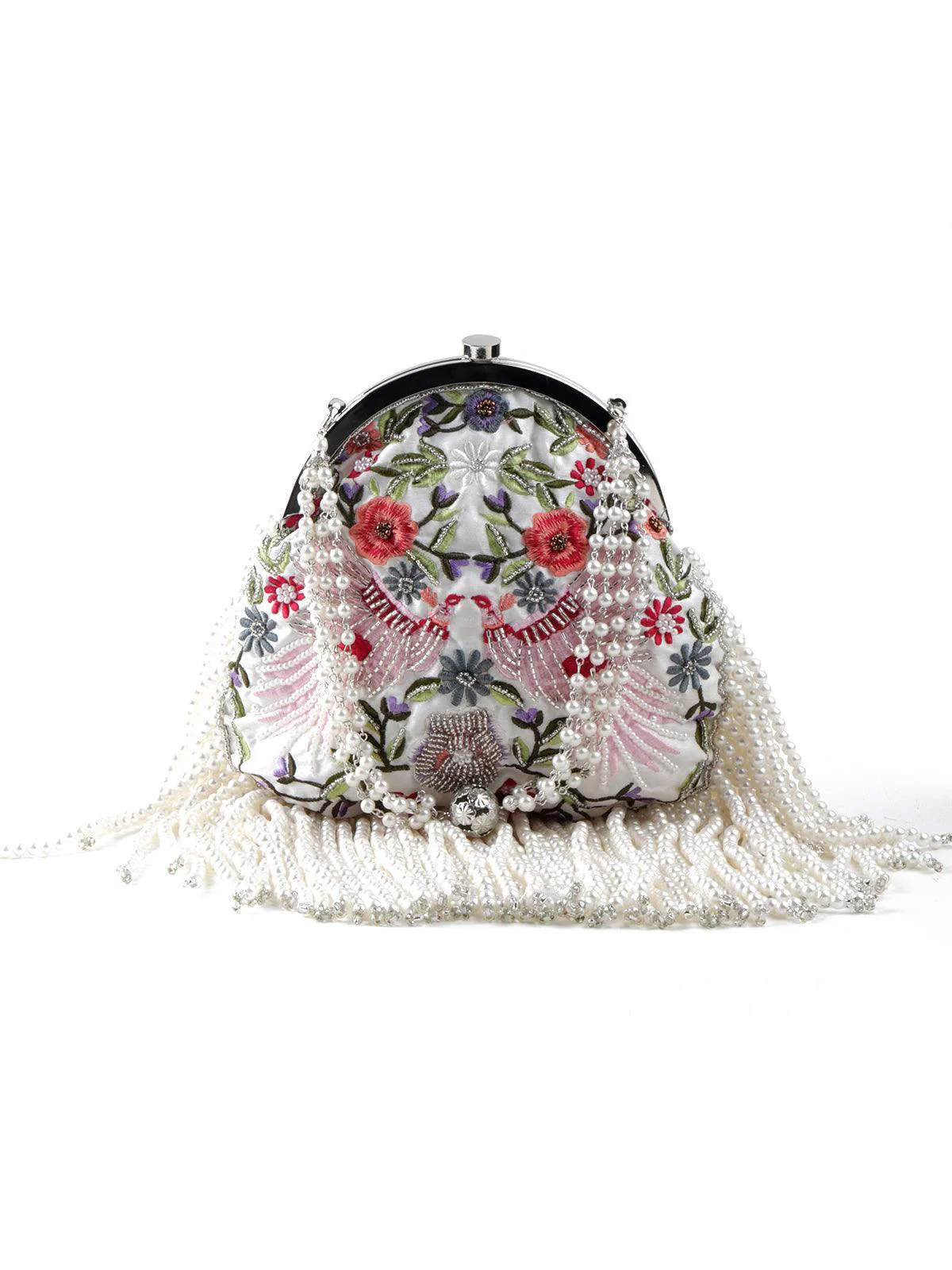 Odette Women White Base Multicolour Embroidered Tassel Batuwa - Image 2