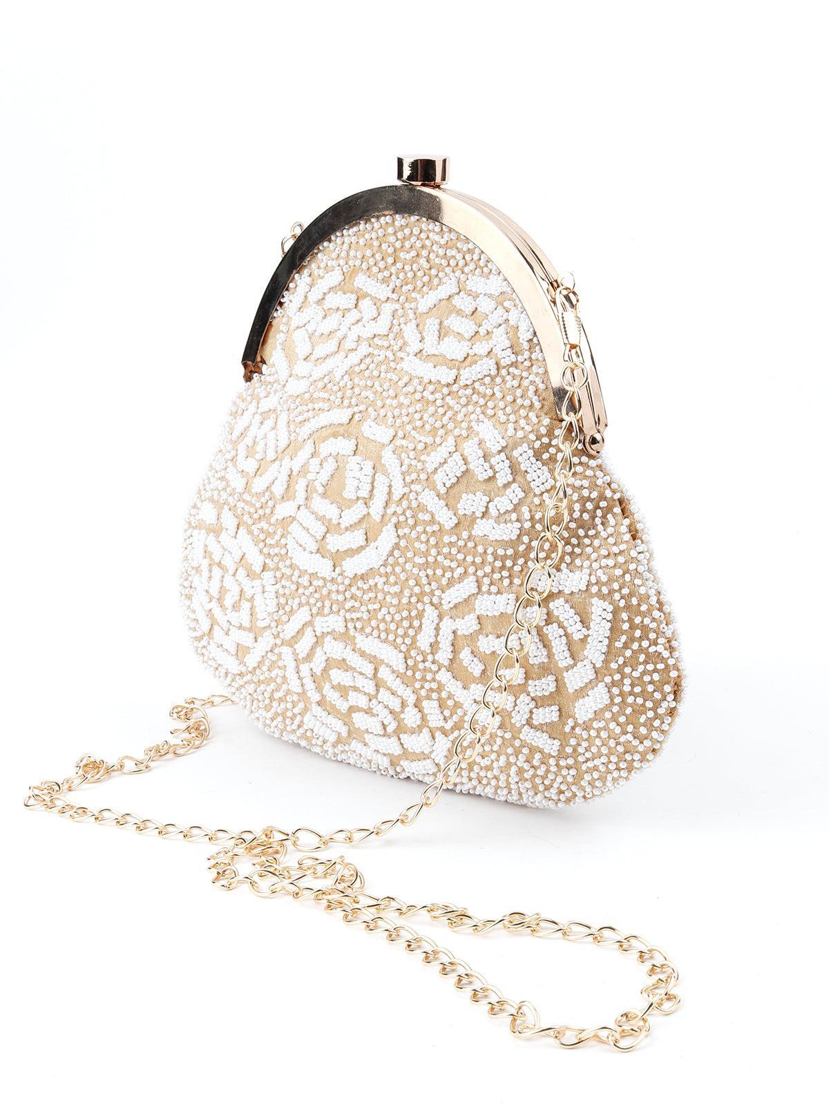 Odette Women White Beaded-Beige Fabric Batuwa - Image 4