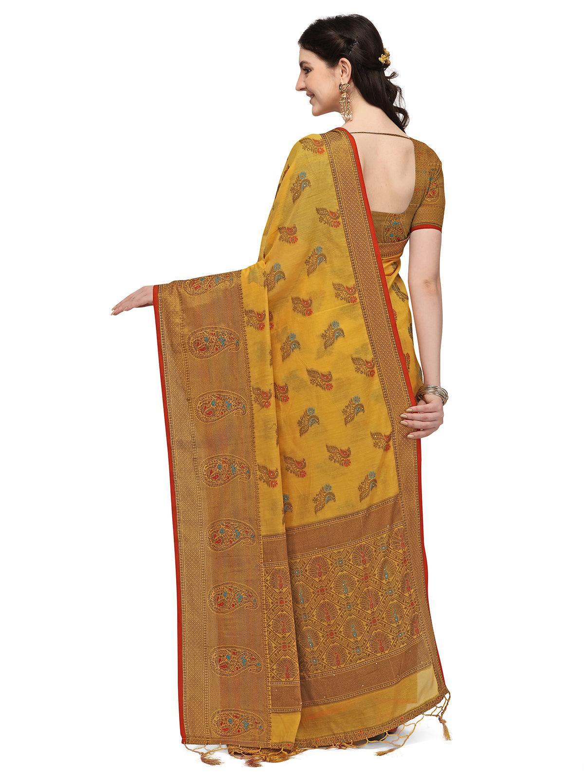 Odette Women Yellow Colour Banarasi Silk Madhubani Work Saree With Unstitched Blouse - Image 2