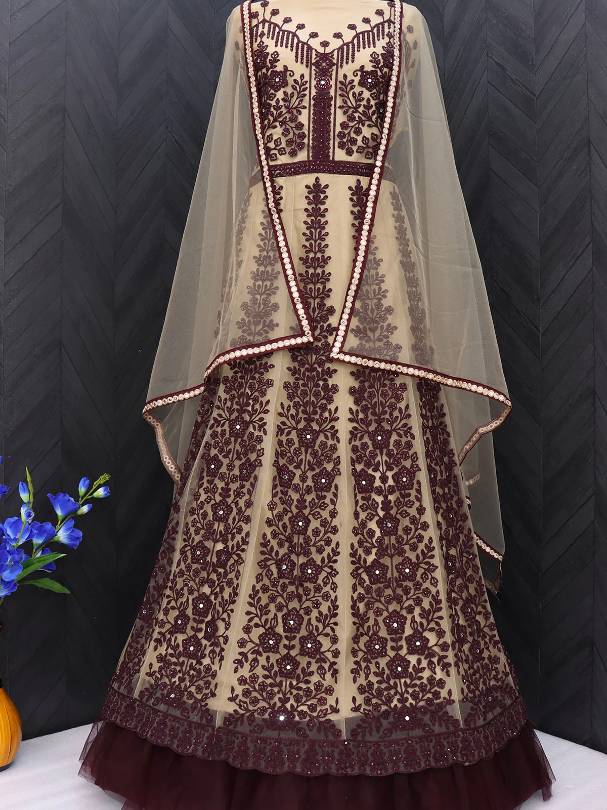 Odette Women Brown Colored Partywear Embroidered Netted Semi Stitched Anarkali Suit - Image 3