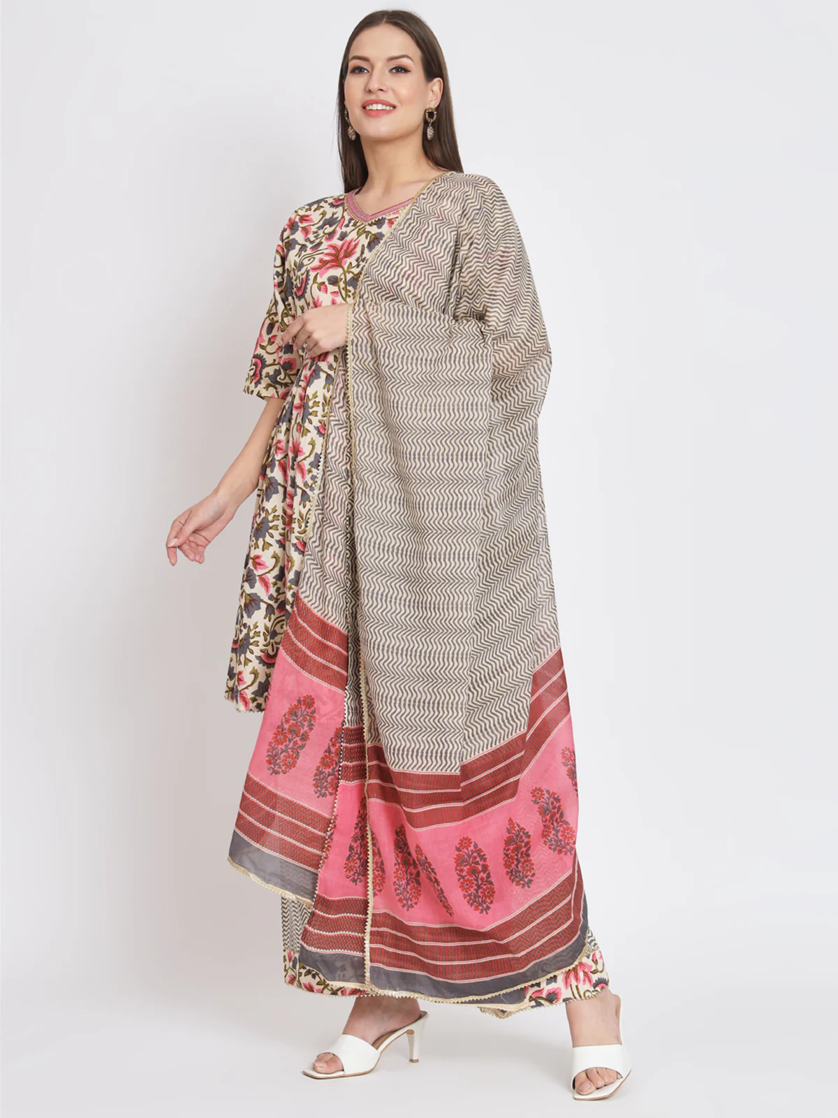 Odette Women Cream Cotton Floral Printed Stitched Kurta Set - Image 2