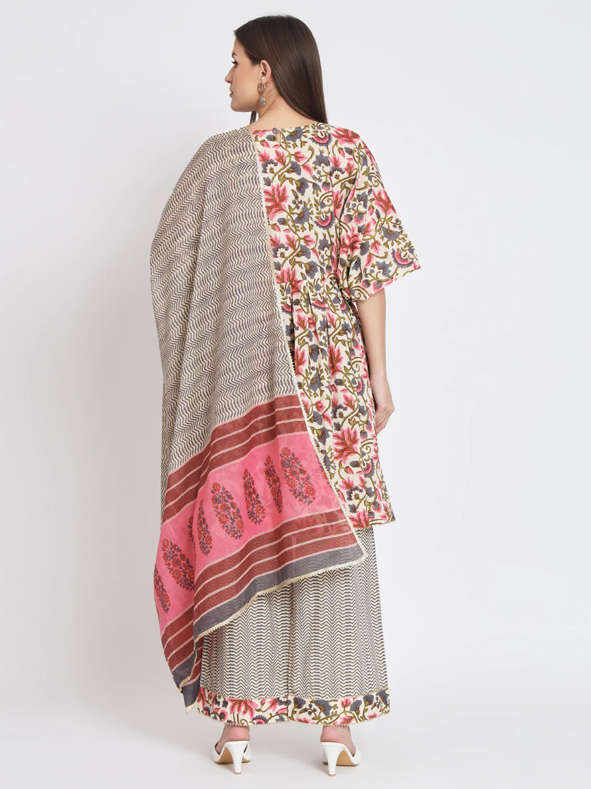 Odette Women Cream Cotton Floral Printed Stitched Kurta Set - Image 4