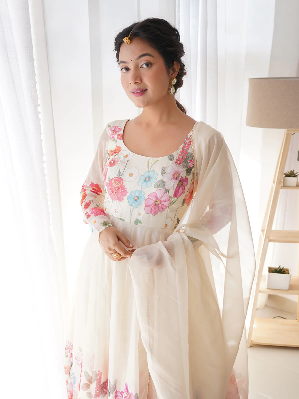 Odette Women Cream Faux Georgette Printed Stitched Kurta Set - Image 6