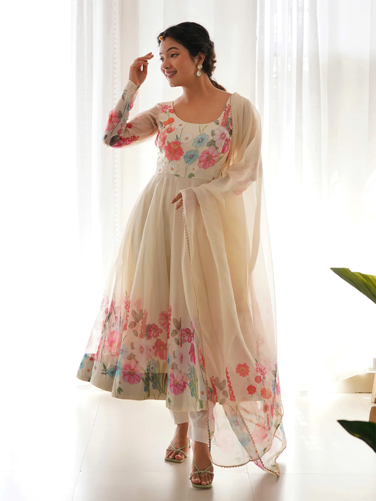 Odette Women Cream Faux Georgette Printed Stitched Kurta Set - Image 8