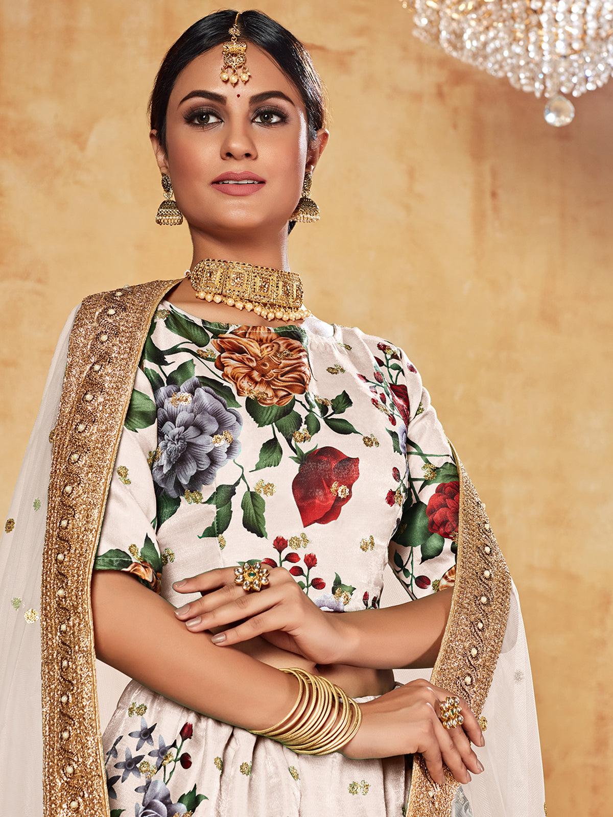 Odette Women Cream Semi Stitched Lehenga With Blouse - Image 3