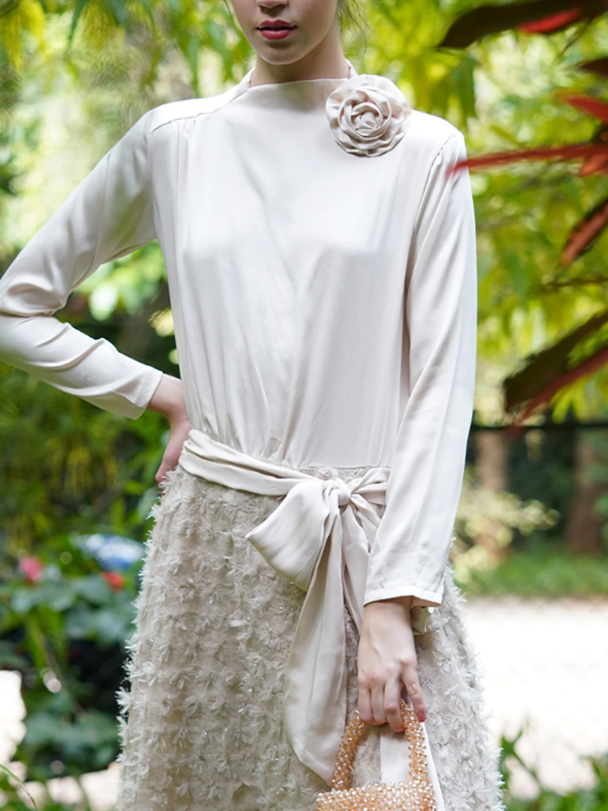 Odette Women Cream Self Design Satin With Lace Dress - Image 5