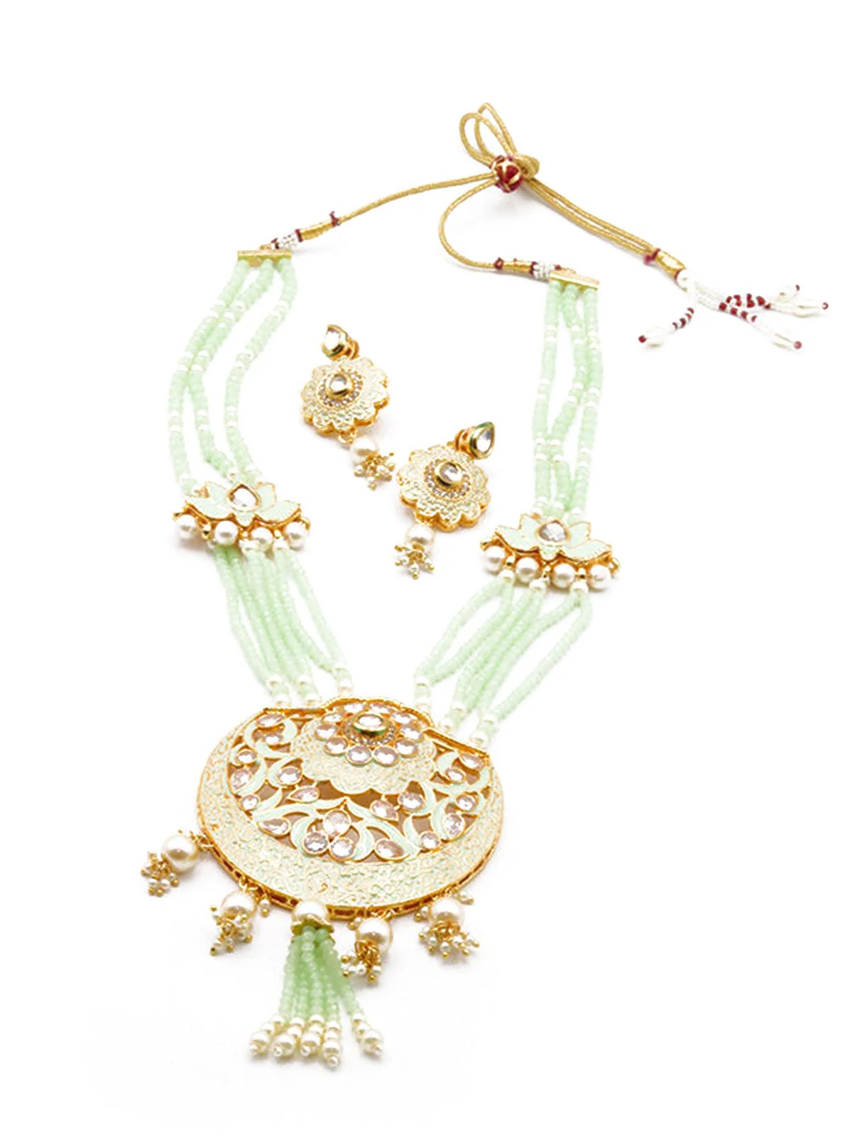 Odette Women Curved Lotus Shaped Sea Green Onyx Crystal Beads Polki Set - Image 4