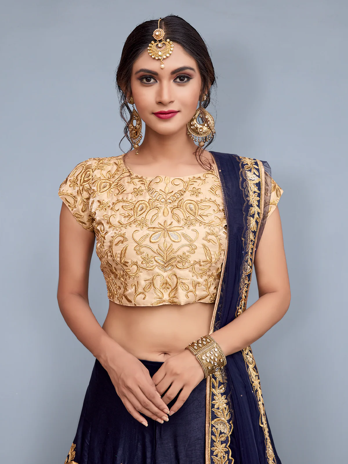 Odette Women Dark Blue Embroidered Art Silk Semi Stitched Lehenga With Unstitched Blouse - Image 2