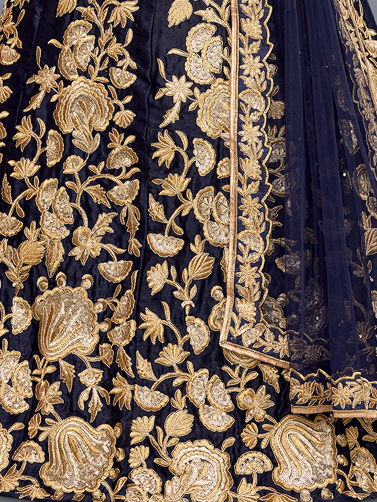 Odette Women Dark Blue Embroidered Art Silk Semi Stitched Lehenga With Unstitched Blouse - Image 3