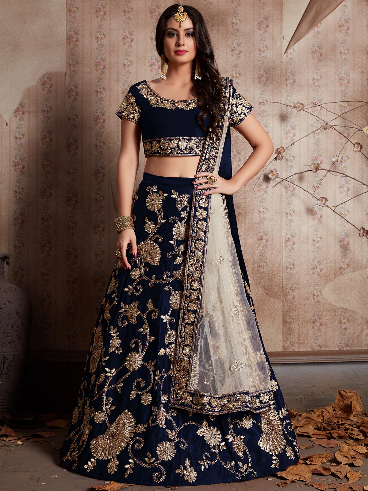 Odette Women Dark Blue Embroidered Semi Stitched Lehenga With Unstitched Blouse - Image 3
