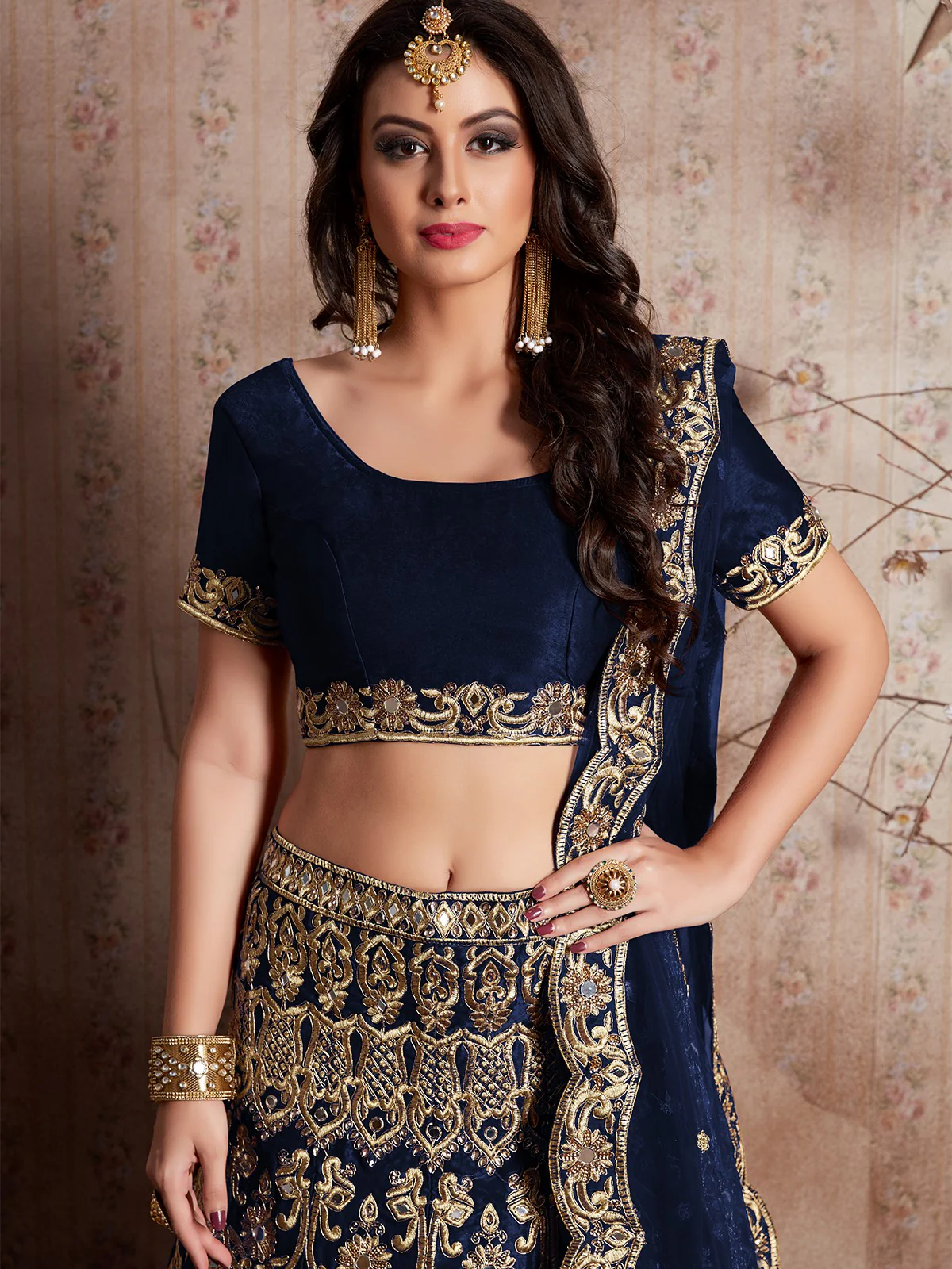 Odette Women Dark Blue Embroidered Semi Stitched Lehenga With Unstitched Blouse - Image 3