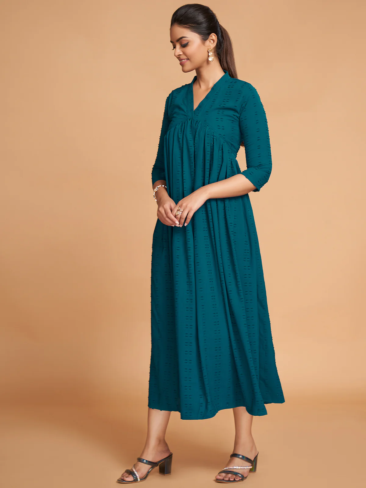 Odette Women Dark Blue Fancy Georgette Empire Cut Stitched Kurta - Image 2