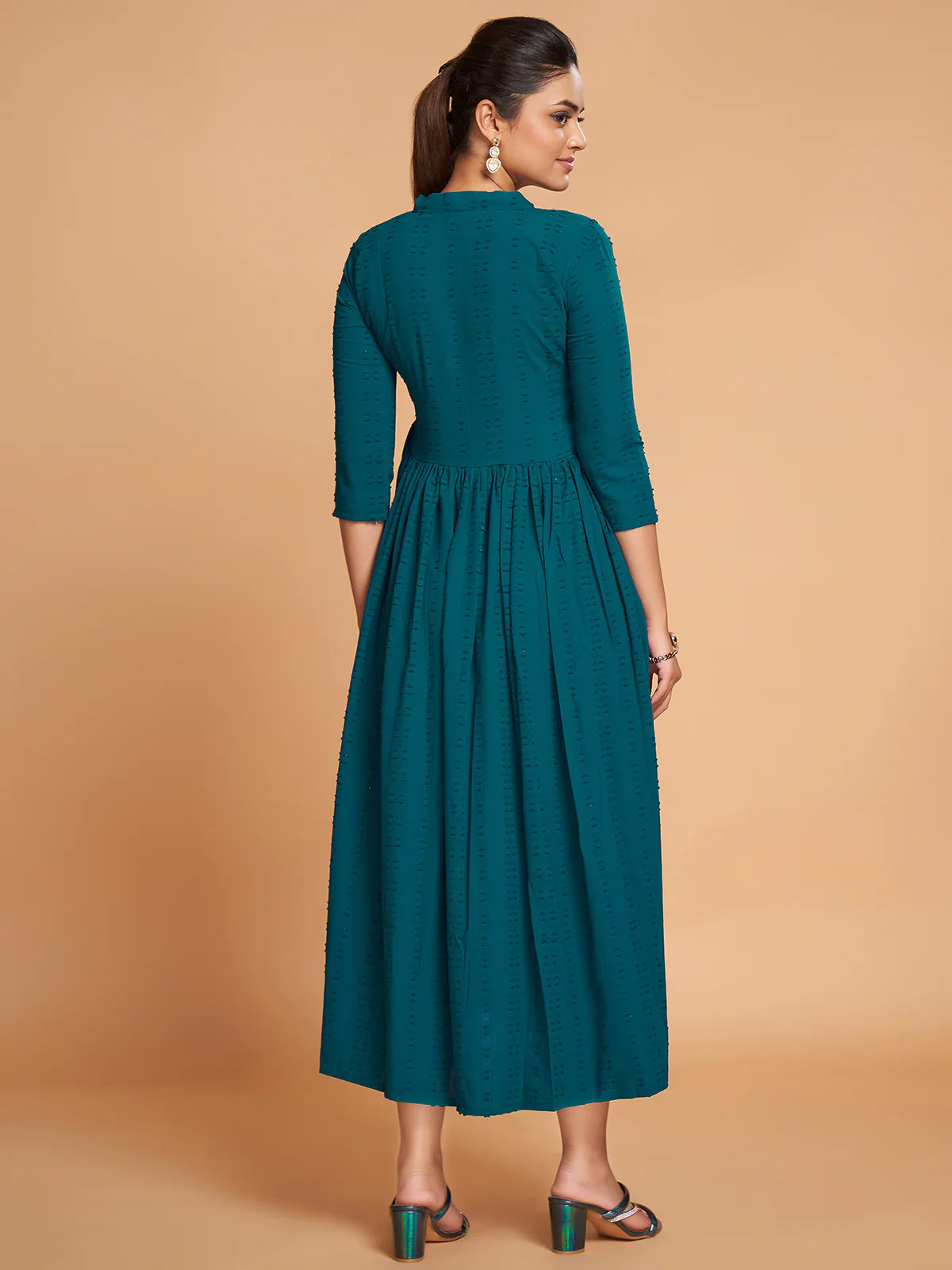Odette Women Dark Blue Fancy Georgette Empire Cut Stitched Kurta - Image 4