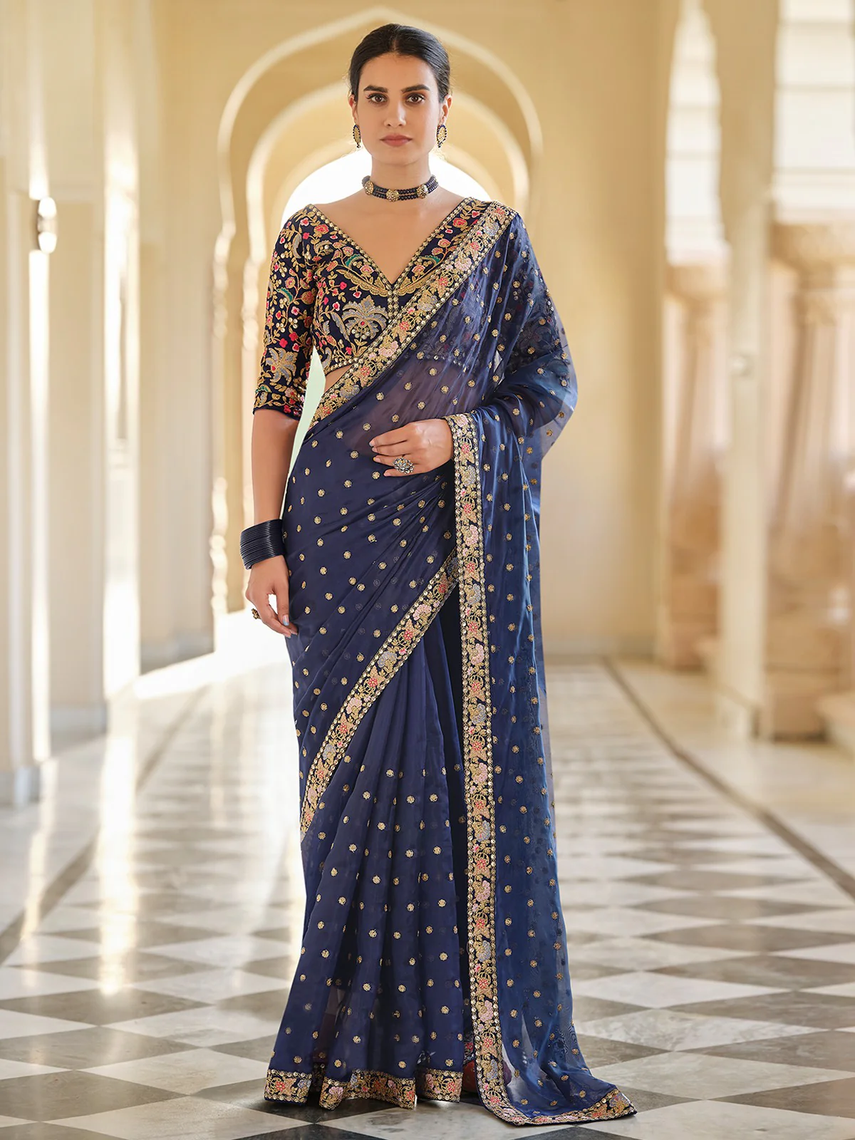 Odette Women Dark Blue Organza Embroidered Saree With Unstitched Blouse