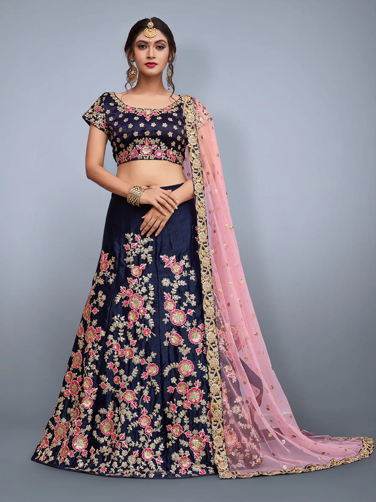 Odette Women Dark Blue Embroidered Velvet Silk Semi Stitched Lehenga With Unstitched Blouse