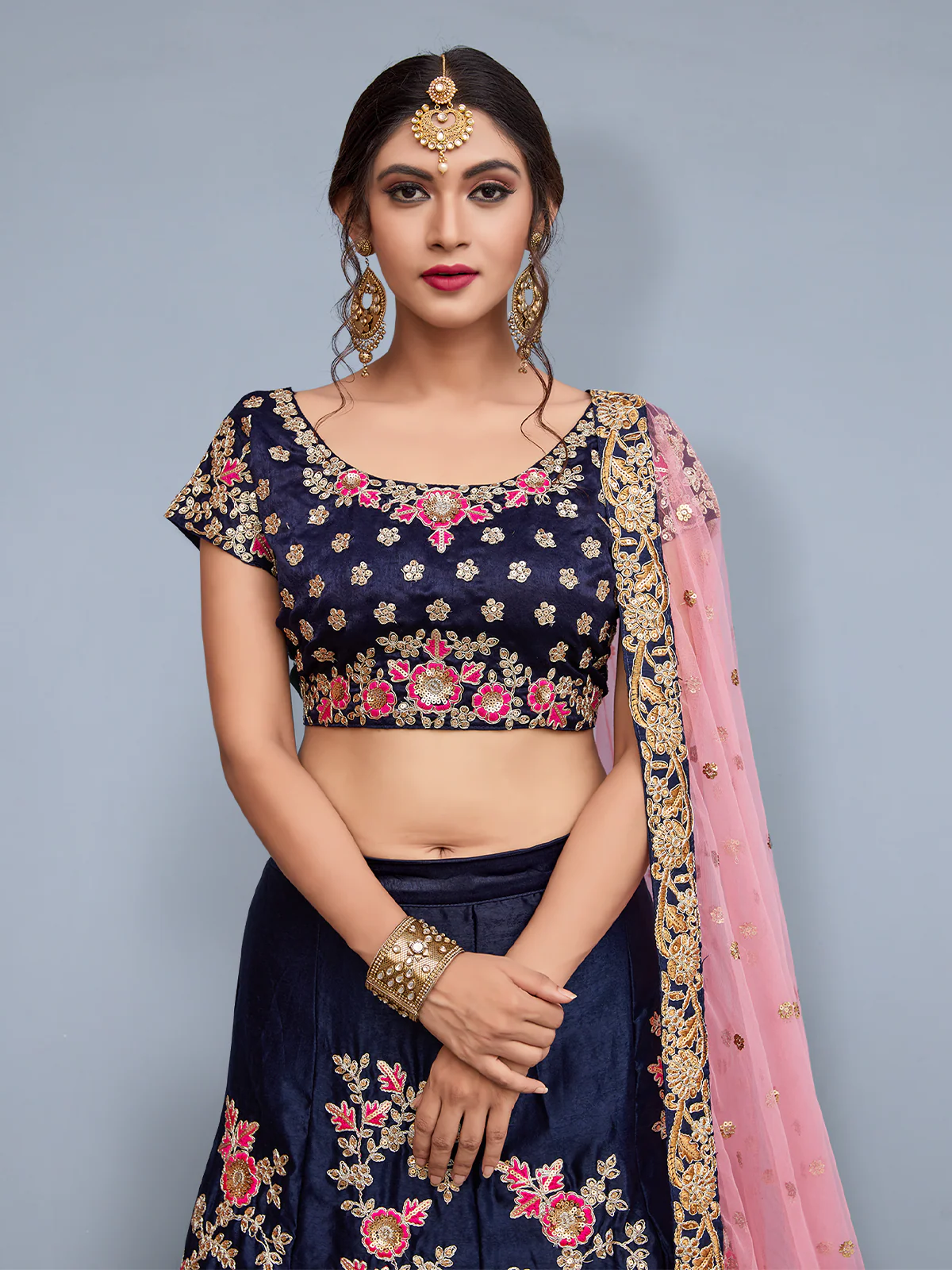 Odette Women Dark Blue Embroidered Velvet Silk Semi Stitched Lehenga With Unstitched Blouse - Image 2