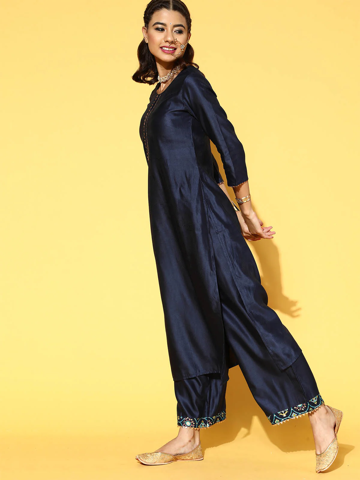 Odette Women Dark Blue Solid Straight Stitched Kurta Palazzo Dupatta Set - Image 2