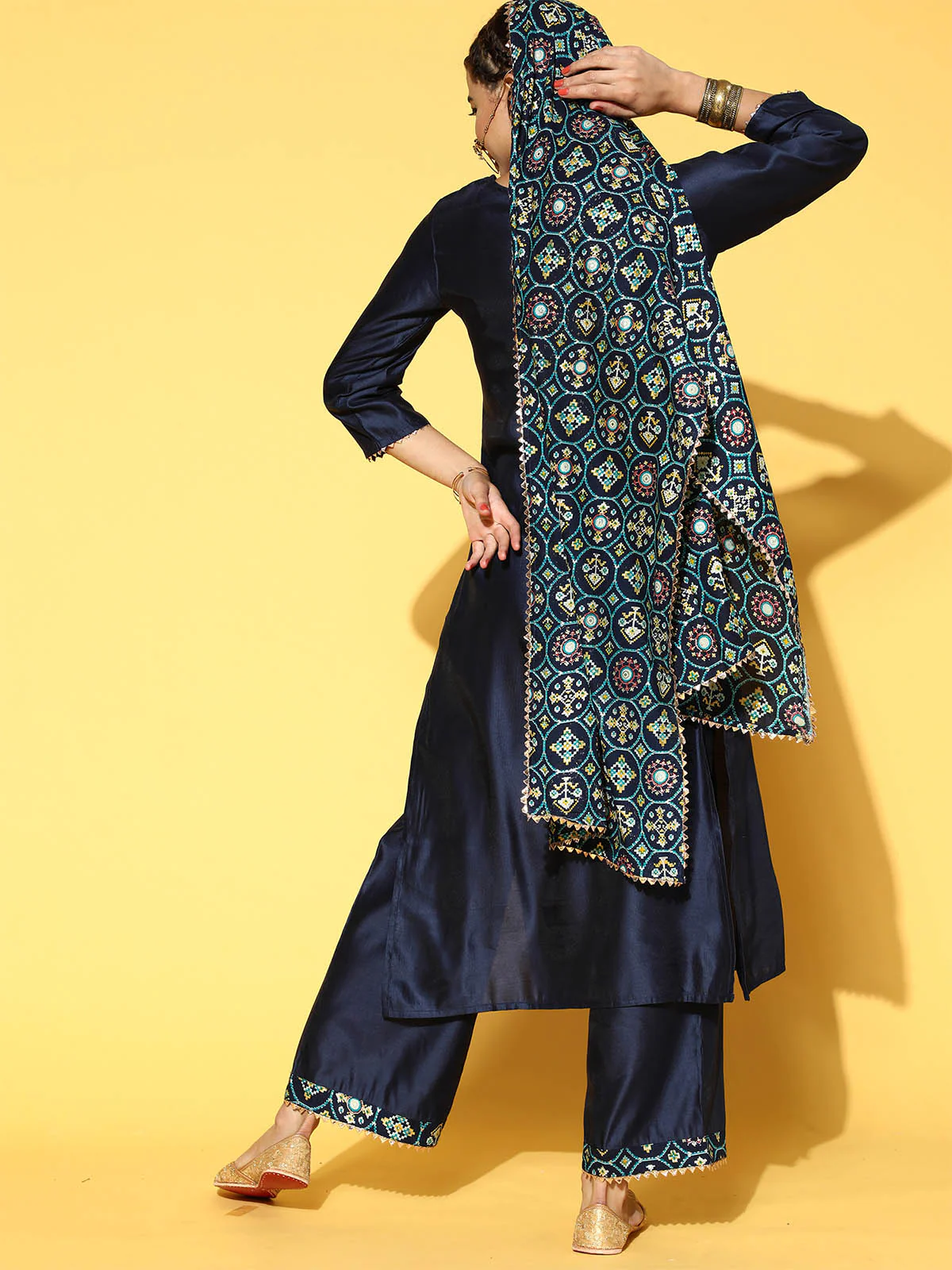 Odette Women Dark Blue Solid Straight Stitched Kurta Palazzo Dupatta Set - Image 3