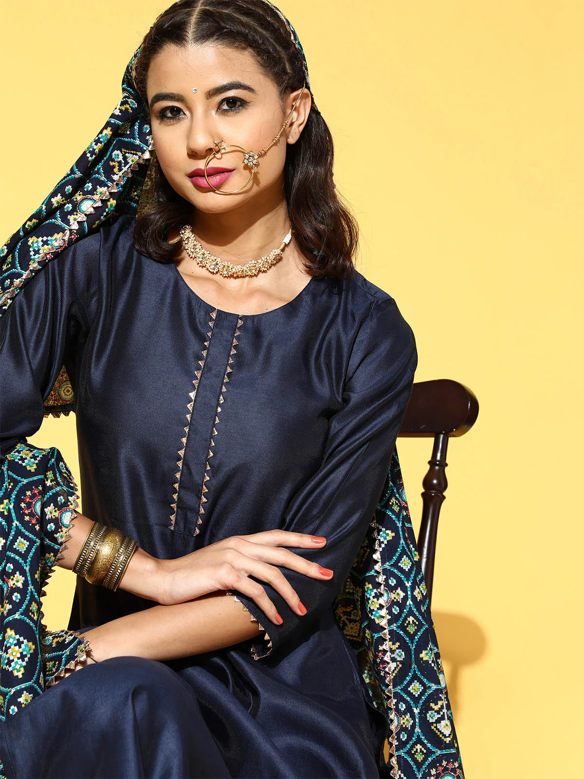 Odette Women Dark Blue Solid Straight Stitched Kurta Palazzo Dupatta Set - Image 5